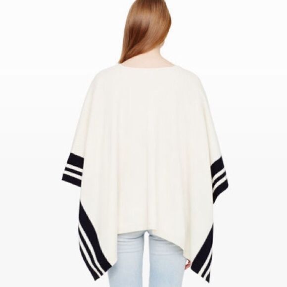 Club Monaco- Women’s Cream and Navy Stripes Ribbed Lori Cashmere Poncho Cape, OS - Picture 4 of 11